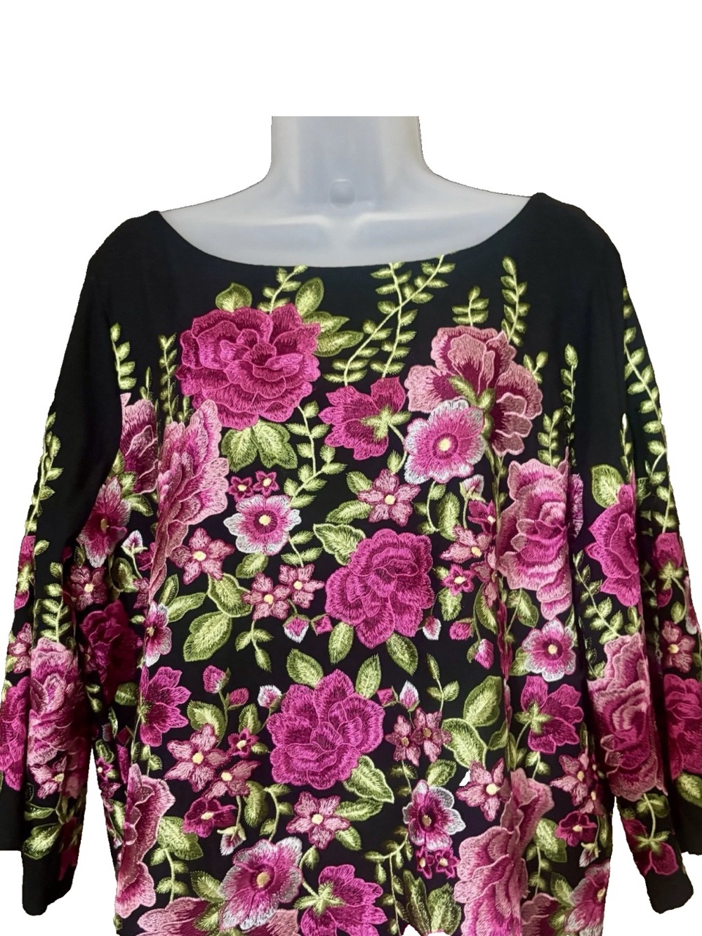 Karen Kane Black Pink Green Floral Embroidered 3/4 Sleeve Side Slits Tunic XL - Picture 2 of 12